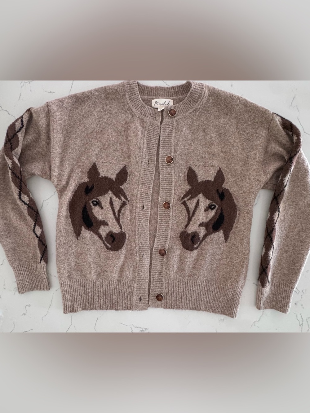 Marled Women’s Horse Intarsia Cardigan Sweater Size S Taupe Brown Equestrian - Picture 2 of 9